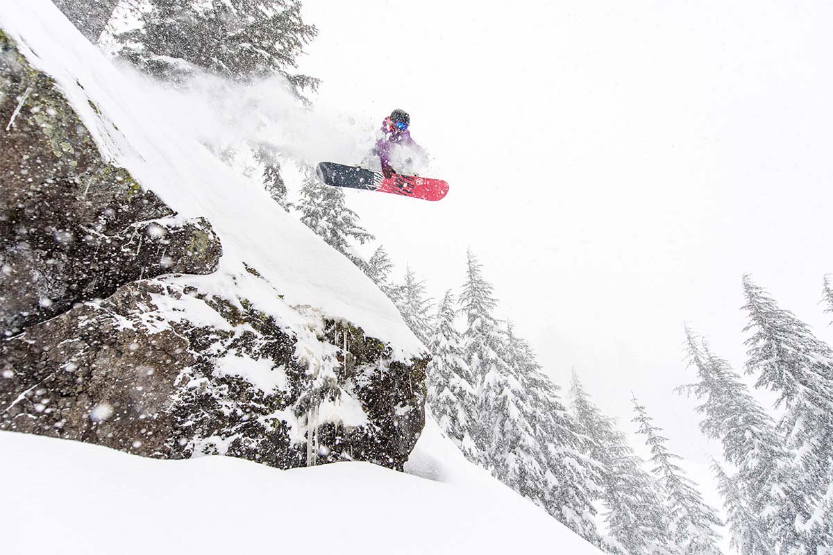 Snowboarding cliff drop at Kirkwood